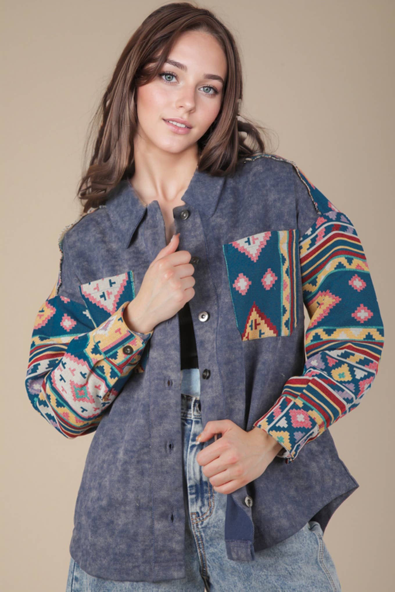 VERY J – wholesale Jacka - Dam – NJ90328-Aztec grafisk överdimensionerad knäppjacka11