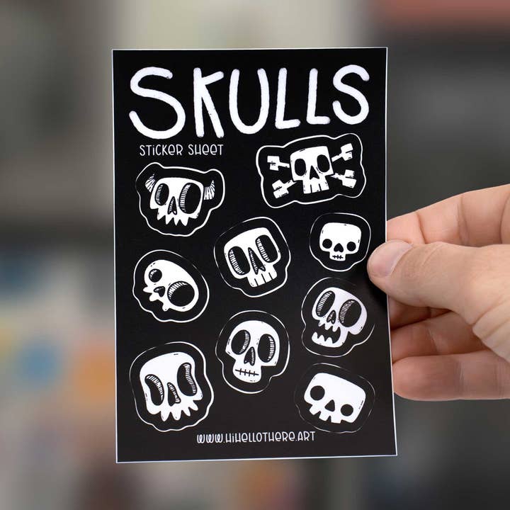 Simple Skulls Sticker Sheet - 9 Hand-Drawn Minimal Decals for wholesale by Hi, Hello There