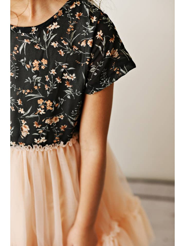 Oopsie Daisy - Wholesale Dress - Kids - Kids Black & Peach Floral Tulle Fancy Spring Summer Dress