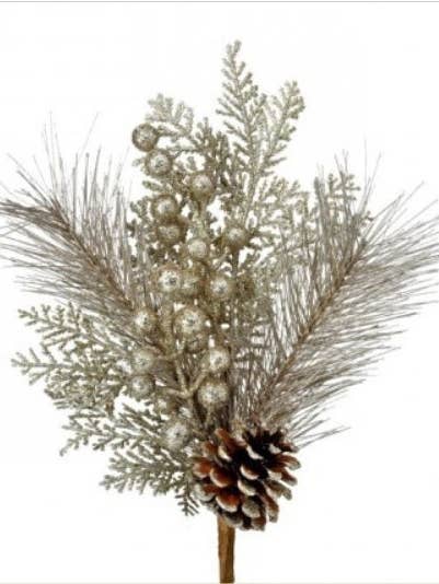 13” Glitter Berry/Cedar/Pinecone Pick Christmas Spray - Champagne for wholesale by The African Home Goods