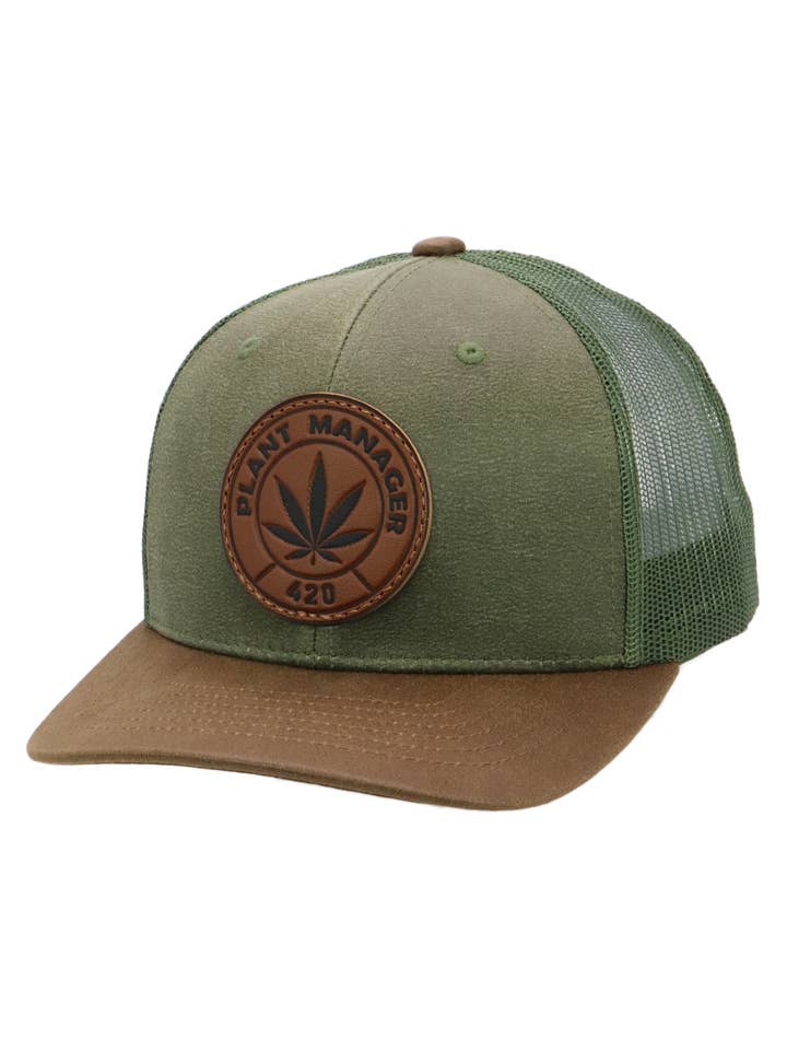 Marijuana Plant Manager Faux Oiled Leather Trucker Hat for wholesale by Cap Zone