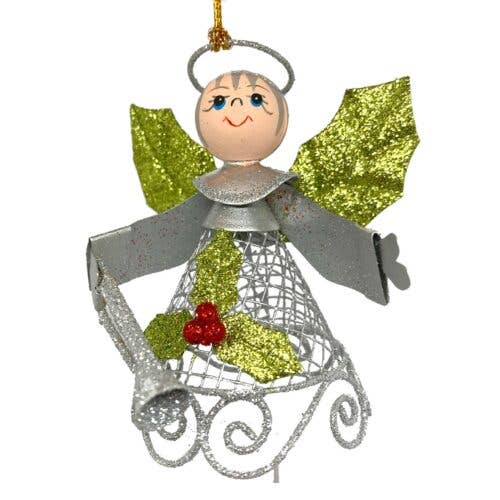 Angel silver with holly ornament with horn for wholesale by Santa and friends