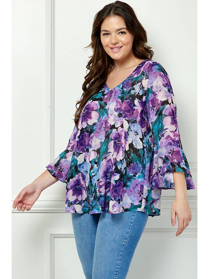 Navy Purple Teal PLUS SIZE RUFFLE SLEEVE V-NECK SWING BLOUSE for wholesale on Faire