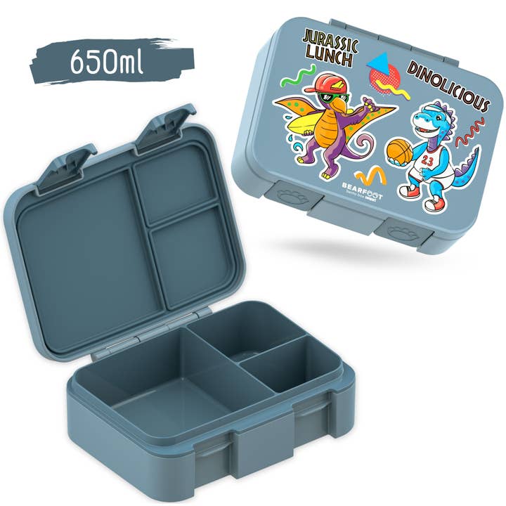 BEARFOOT – Engroshandel Madpose/-kasse – Børn – Madkasse med rum, let og lækagesikker - blå dinosaurer1