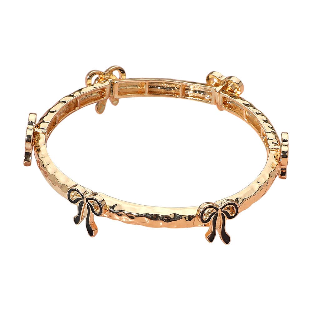 Sensibling Corp. - Wholesale Bangle Bracelet - Enamel Bow Accent Hammered Metal Bar Beaded Stretch Bracelet9