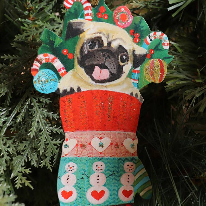 JANET HILL STUDIO - Wholesale Ornament - Christmas Pug Paper Ornament/ Gift Tag/ Die Cut/ Decor1