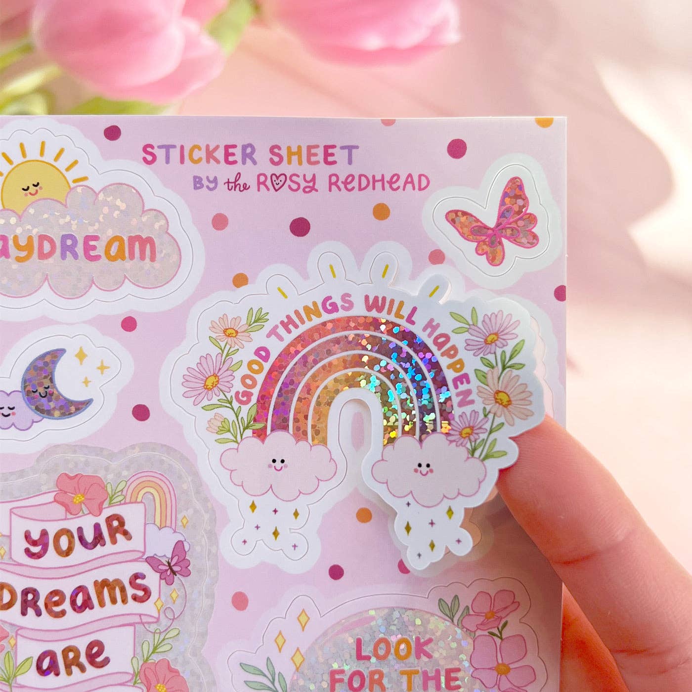 The Rosy Redhead - Wholesale Sticker - Daydream Cute Glittery Positivity Waterproof Sticker Sheet3