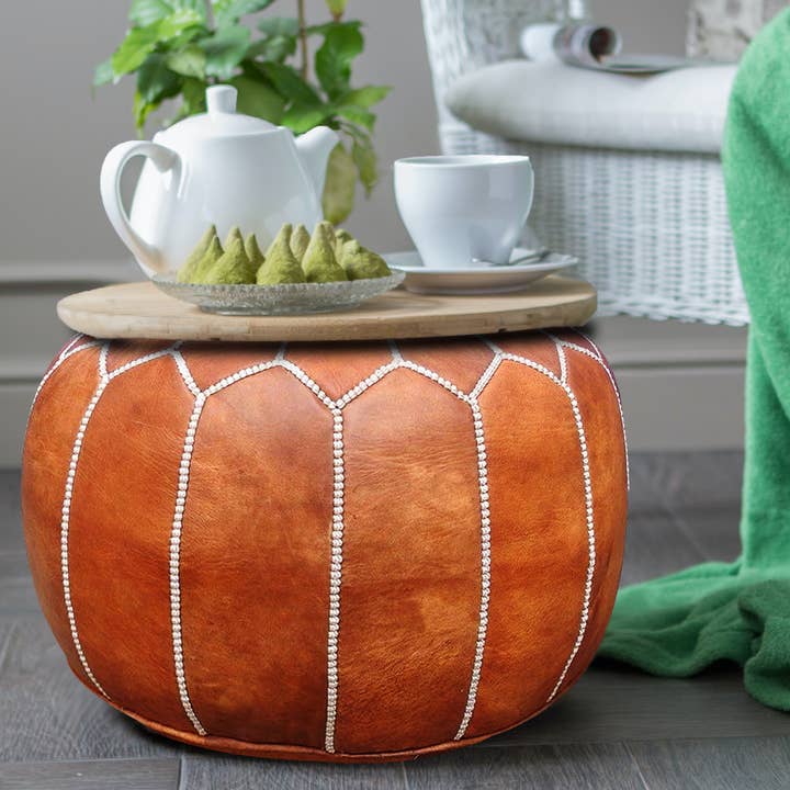 marron Housse de pouf marocain, cuir de chèvre véritable - Décor de salon bohème - Housse uniquement - Le rembourrage n'est pas inclus en vente sur Faire