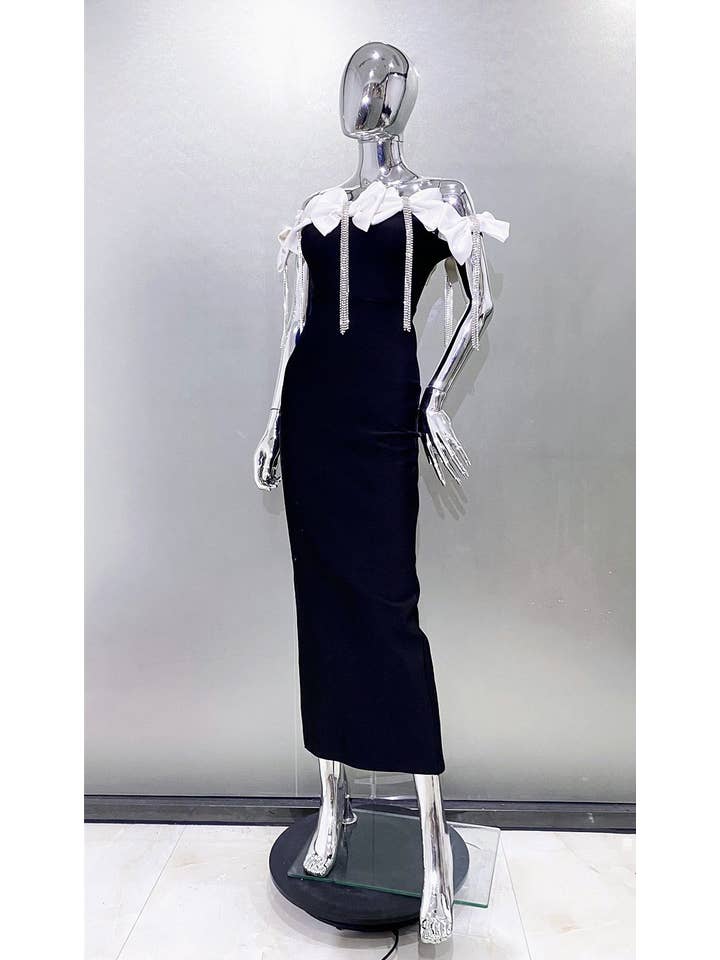 Black SY023 Glamorous White Bow Bandage Evening Dress for wholesale on Faire