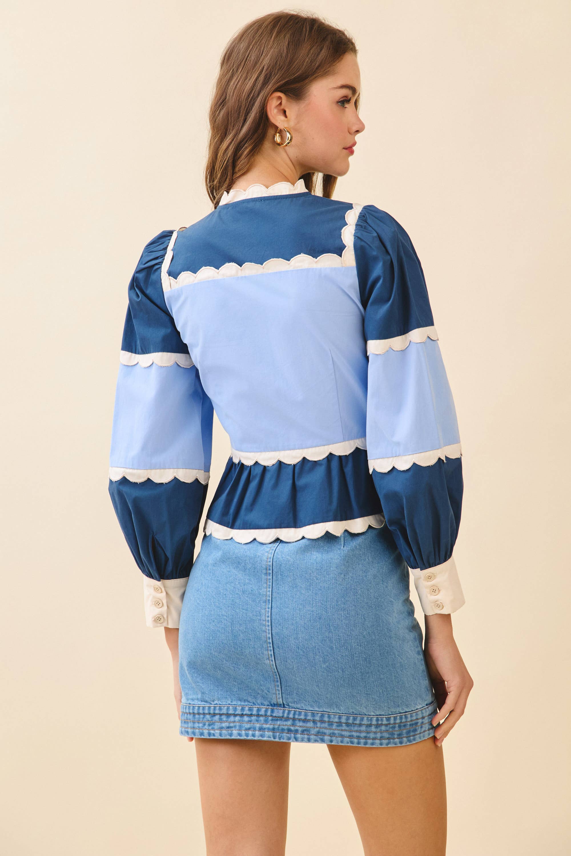 TCEC - Wholesale Button Down Shirt - Women's - CT9030S-Color Block Scalloped Detail Peplum Top3