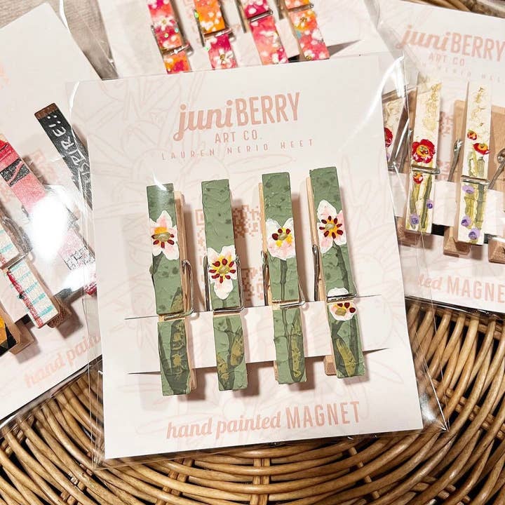 Textured Sage + Floral Magnetic Hand Painted Clothespin set for wholesale by Juniberry Art Co