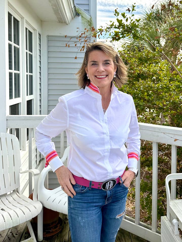 Audrey Ribbon FC - White w Pink & Orange Stripe Ribbon for wholesale by Pearly Vine