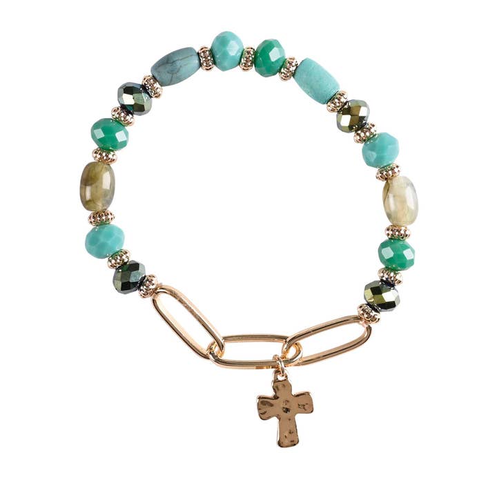 Bracelet Green Multi Bead With Cross for wholesale by Dicksons