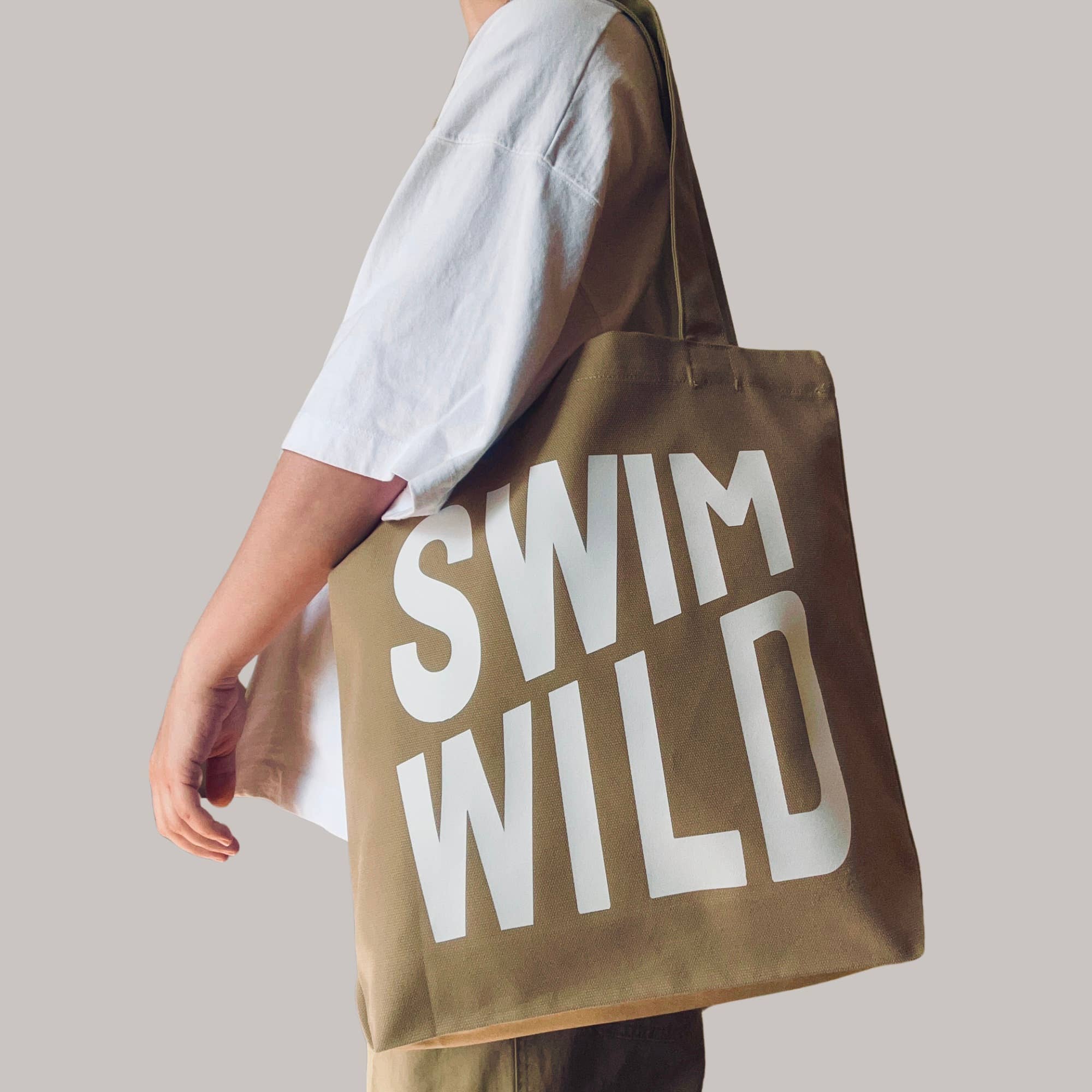 the Cornish studio – wholesale Tote bag – Unisex – Swim Wild canvas tote  Soft Khaki/White 2