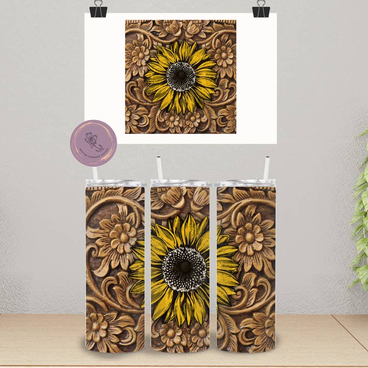 Tooled Leather & Sunflower Western Tumbler for wholesale by Drifting Dogwood Designs