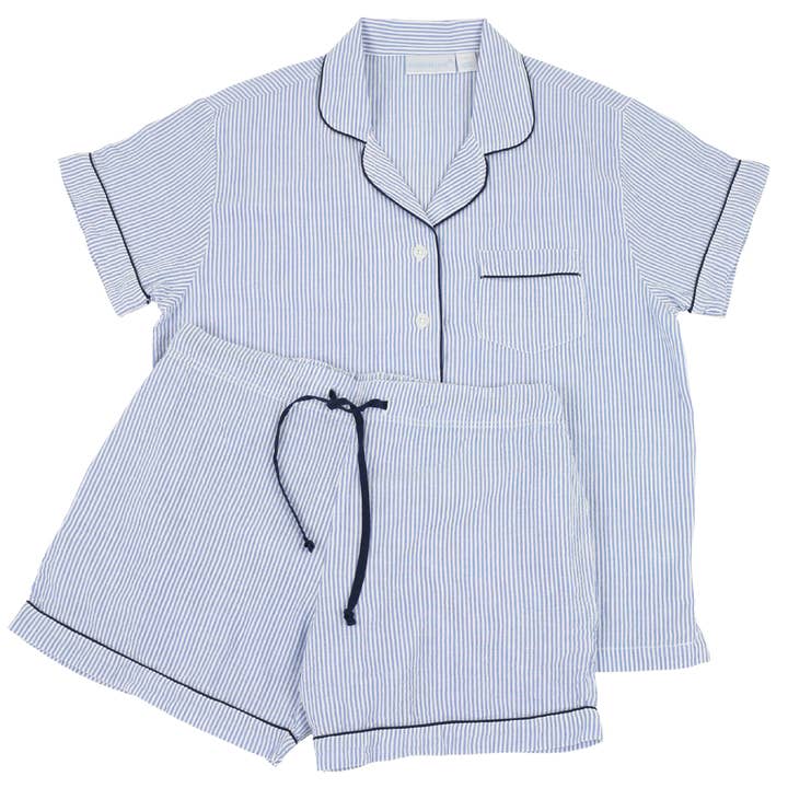 Needham Lane - Wholesale Sleepwear Set - Women's - Blue Seersucker-Navy Short Sleeve Shorty Pajamas