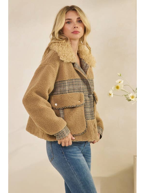 MOCHA Teddy Jacket With Houndstooth Inset for wholesale on Faire6