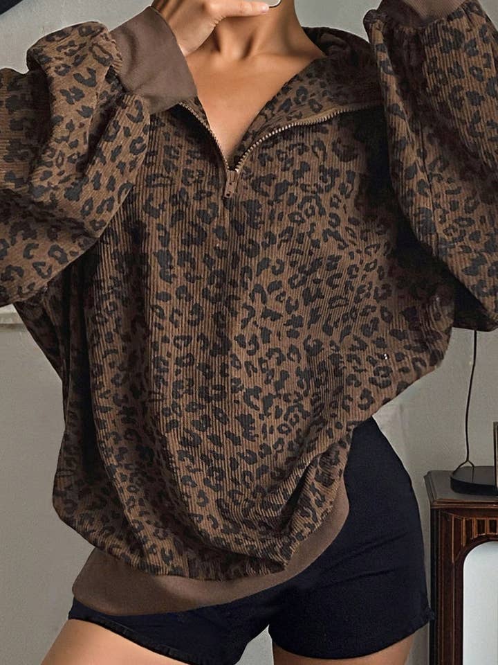 LALALOO Leopard Corduroy Quarter-Zip Sweatshirt for wholesale by LALA LOO