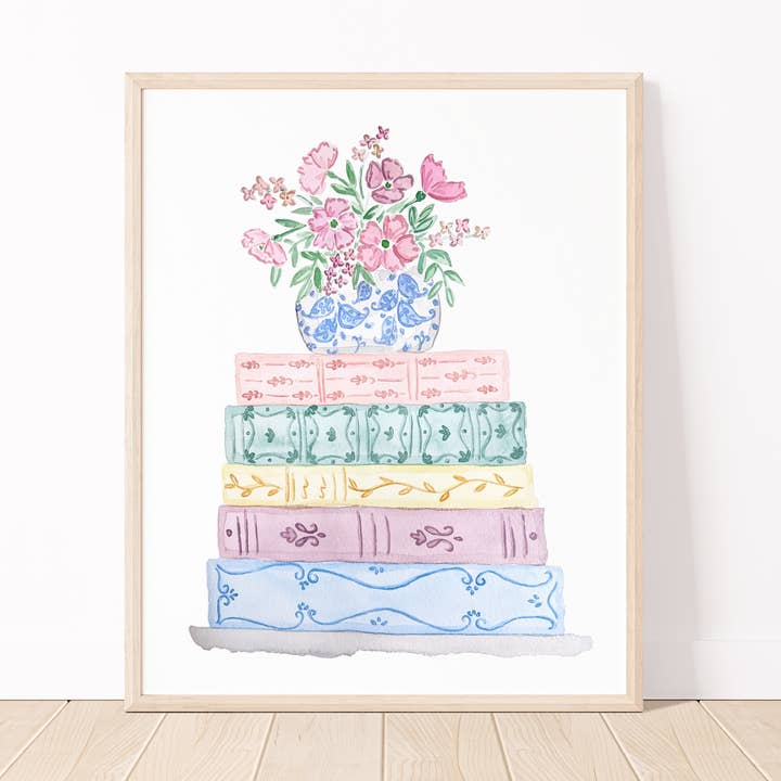 Watercolor Book Stack Art Print for wholesale by White Clover Paper Co.