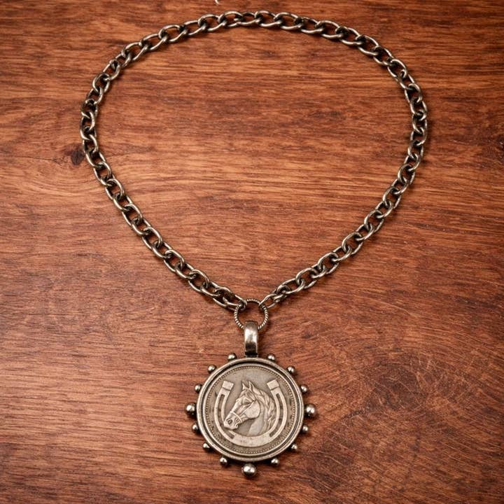Horse with Horseshoe Coin in Bezel Chain Necklace for wholesale by ZINC Designs