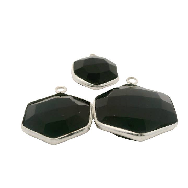 Purity Beads - Wholesale Individual Charm/Pendant - Black Onyx Hexagon Corner Loop Pendant 12mm 15mm 18mm | One Loop Gold Plated Over Sterling Silver and Sterling Silver Gemstone Pendant3