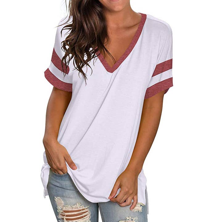 KK Bloom – wholesale Tunic – Women’s – Solid Color V-neck Stitching Short-sleeved Loose T-shirt