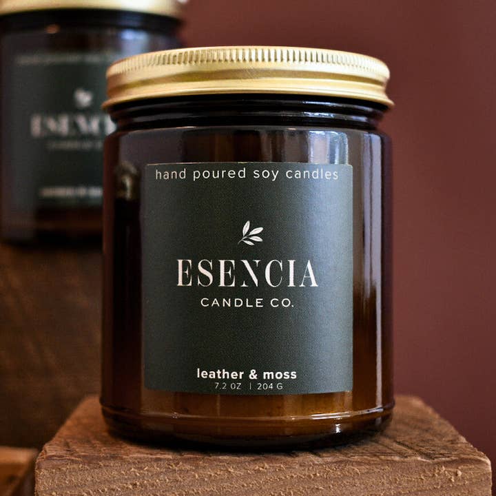 Leather & Moss Soy Candle for wholesale by Esencia Candle Co.