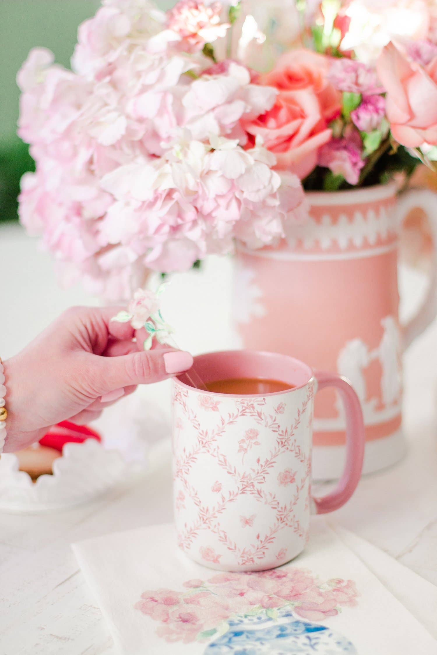 Simply Jessica Marie - Wholesale Coffee Mug - Pink Rosebud Trellis 15oz Tall Watercolor Mug1