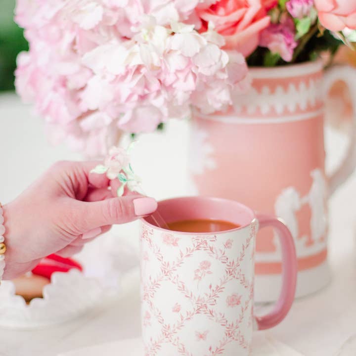 Simply Jessica Marie - Wholesale Coffee Mug - Pink Rosebud Trellis 15oz Tall Watercolor Mug1