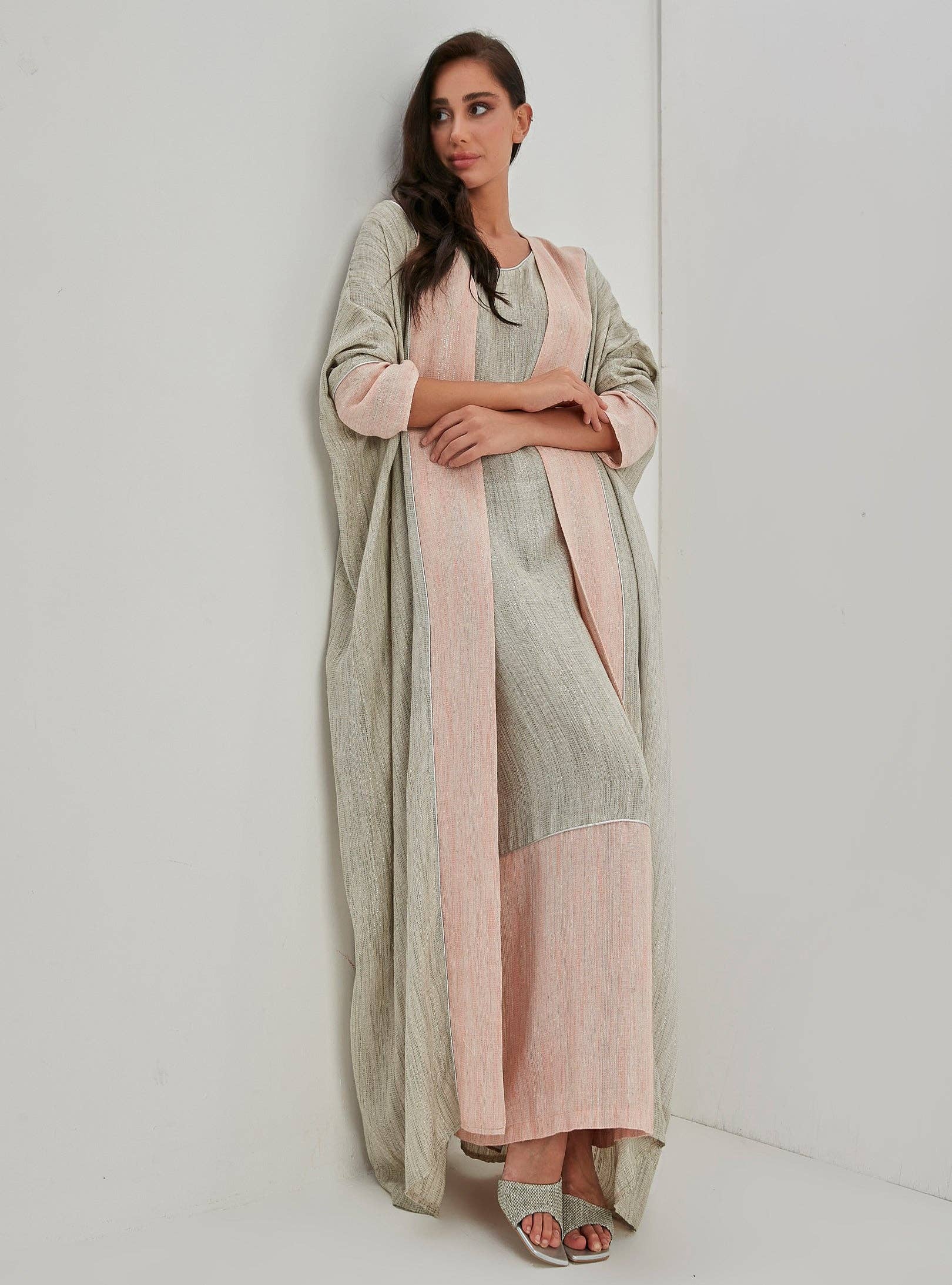 Store WF – wholesale Kaftan – Women's – Linen Cotton Silver Glitter Three Pice Abaya Set6