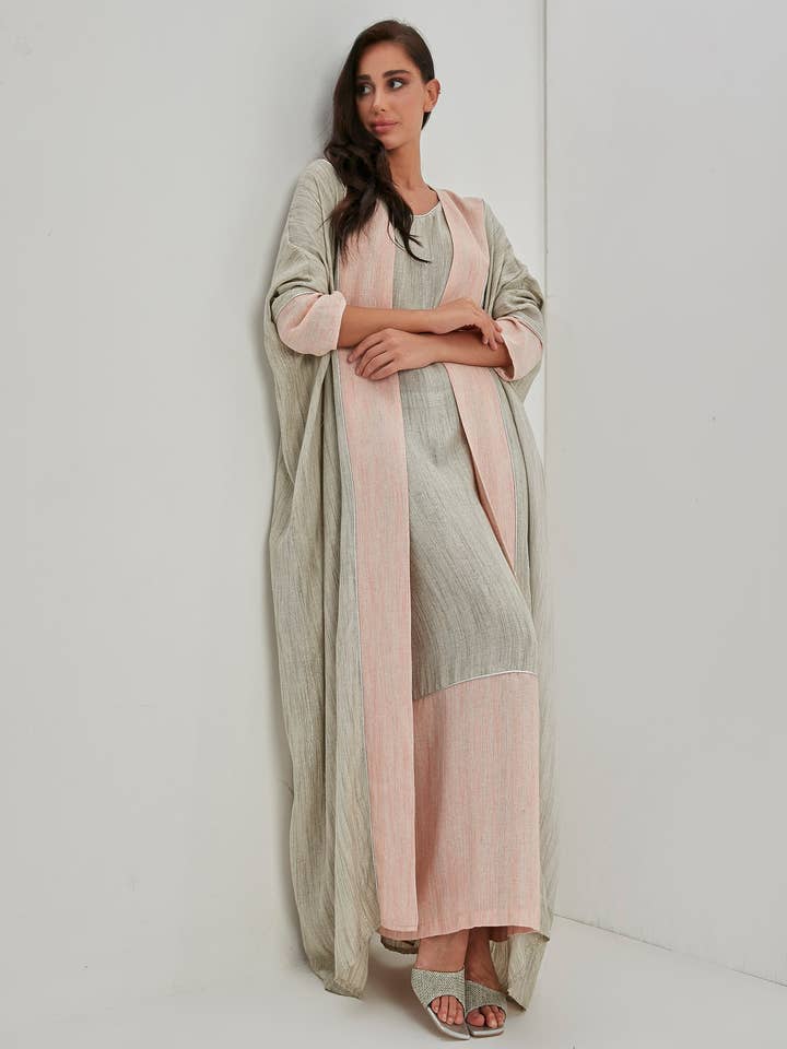 Store WF – wholesale Kaftan – Women's – Linen Cotton Silver Glitter Three Pice Abaya Set6