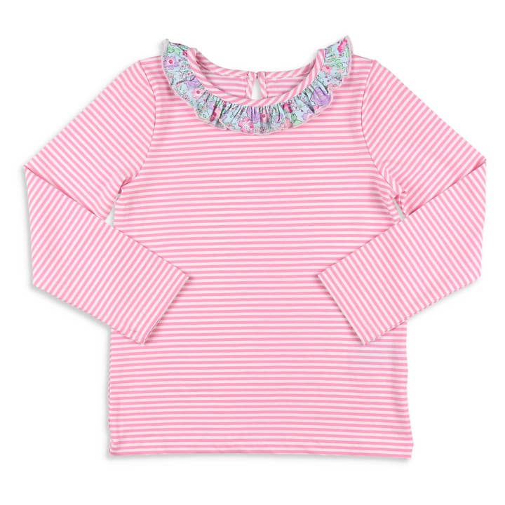 Girls Ruffle Neck Top - Pink Stripe for wholesale by Shrimp and Grits Kids