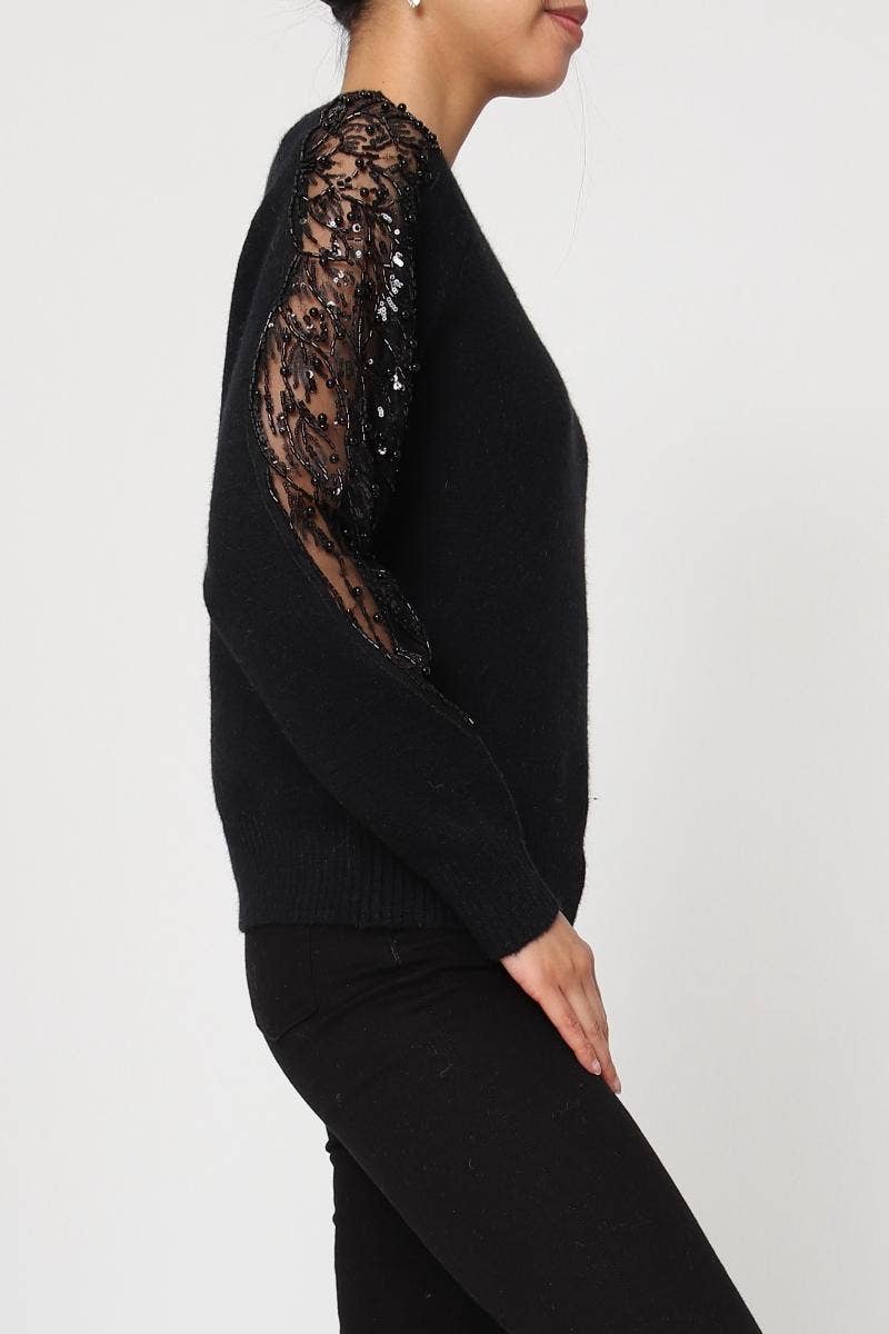 DIX-ONZE - Wholesale Knit Sweater - Women's - Soft Knit Sweater – Sequin & Pearl Details on Sleeves1