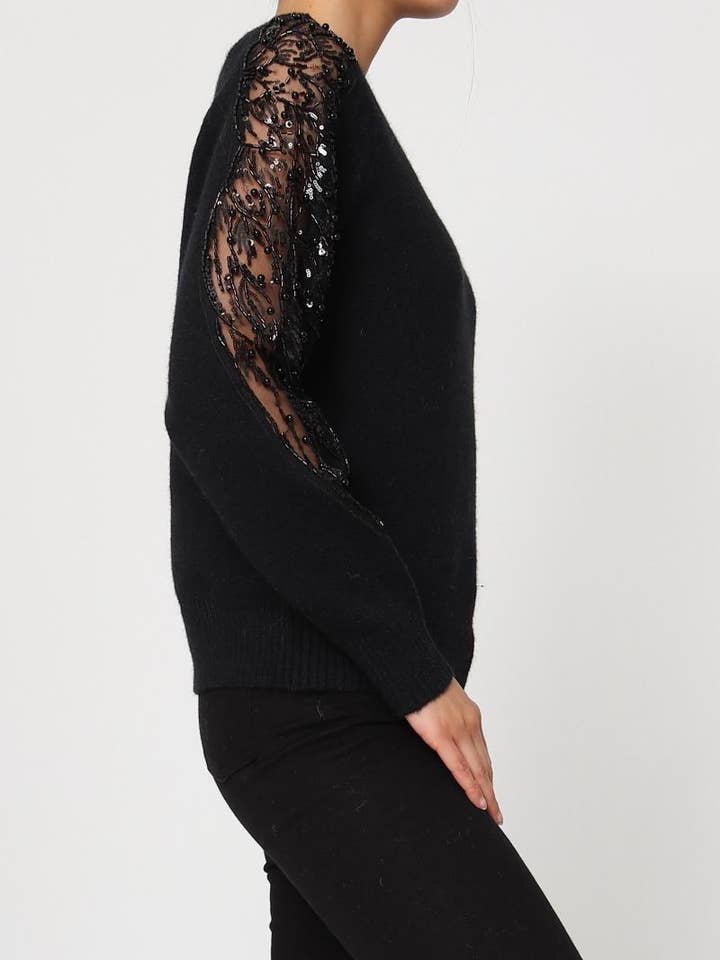 DIX-ONZE - Wholesale Knit Sweater - Women's - Soft Knit Sweater – Sequin & Pearl Details on Sleeves1