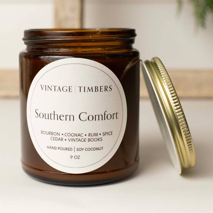 Southern Comfort 9oz Soy Coconut Candle for wholesale by Vintage Timbers Candle by Lola & Dunelly