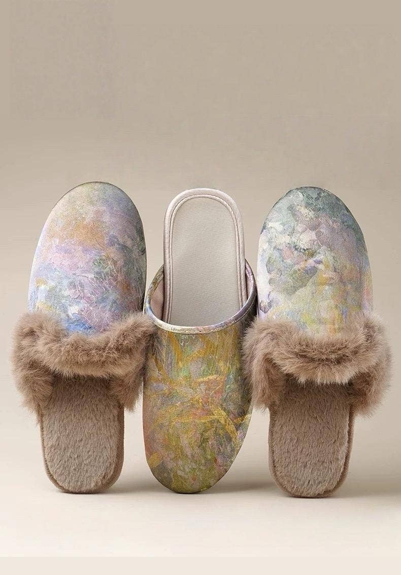 Lian Collection – wholesale Slippers – Women's – Silk Winter Slippers – Faux Fur‑Lined Silk Mules, Impressionist Art Print, Indoor Gift Slippers7