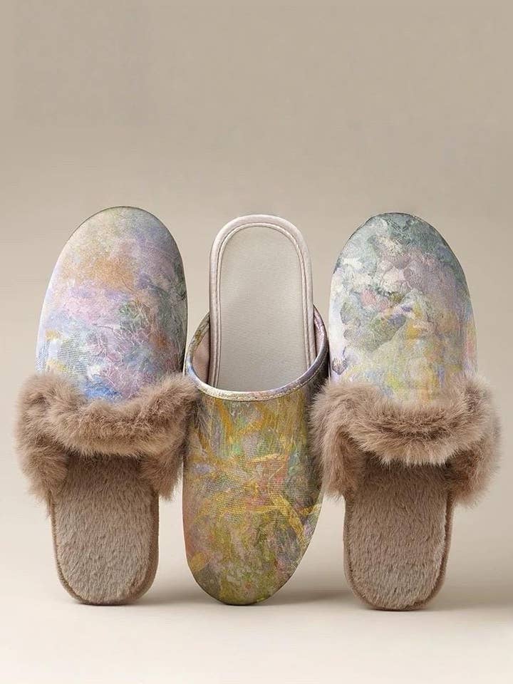 Lian Collection – wholesale Slippers – Women's – Silk Winter Slippers – Faux Fur‑Lined Silk Mules, Impressionist Art Print, Indoor Gift Slippers7