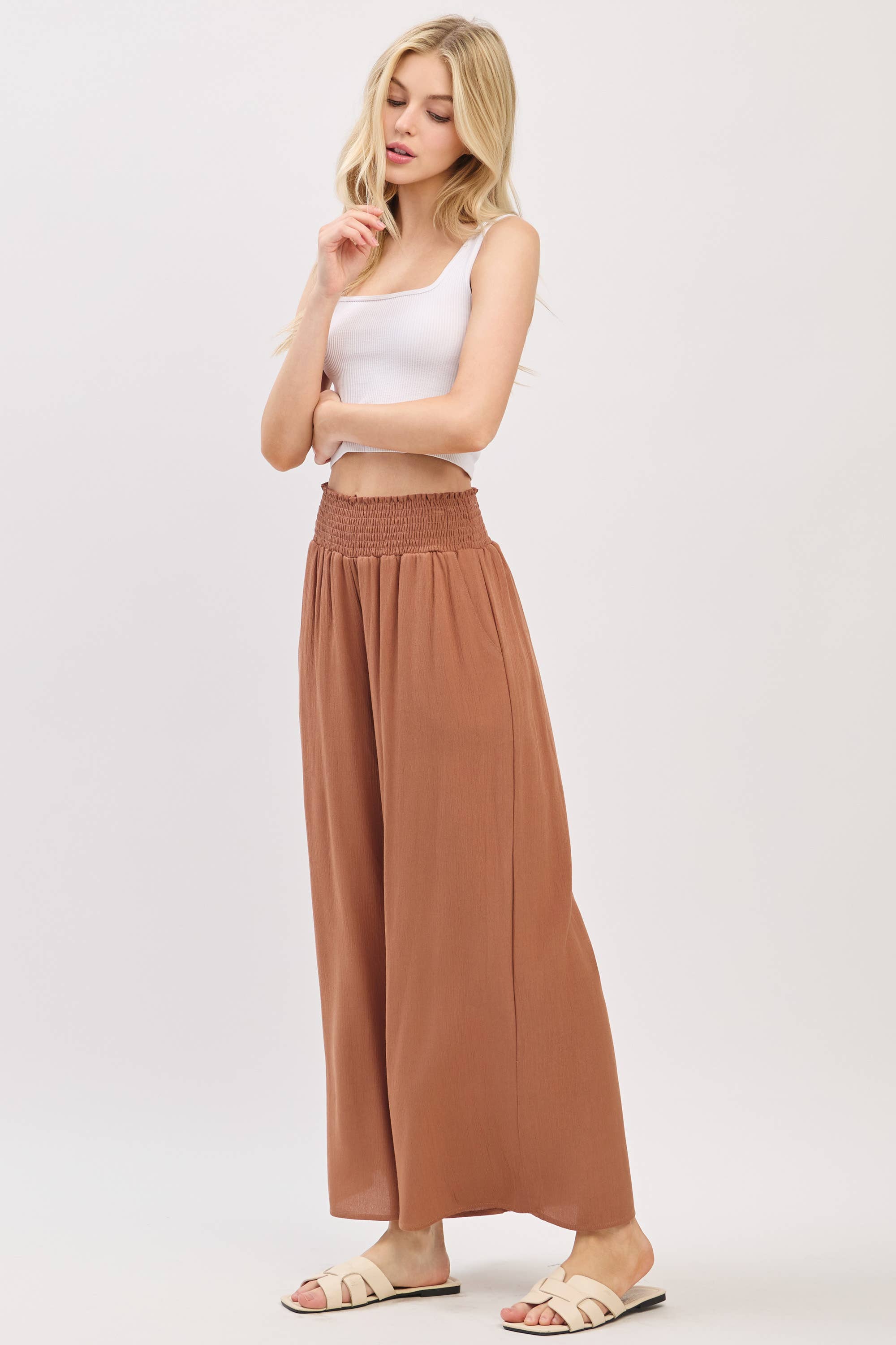 Final Touch - Wholesale Pants - Women's - Waist Smocked Wide Leg Pants - VLP70000320