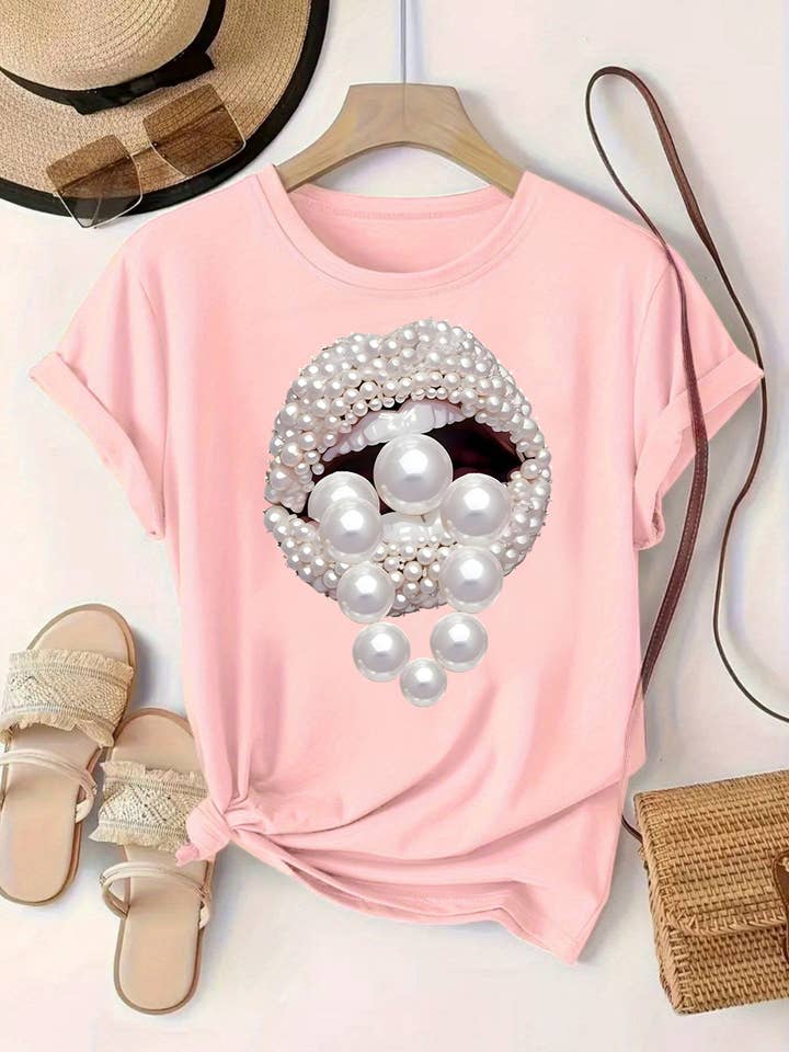 Rosa Clothing - Wholesale T-Shirt - Women's - Fashion T-shirt Round Neck Pearl Lips Print Short Sleeve3