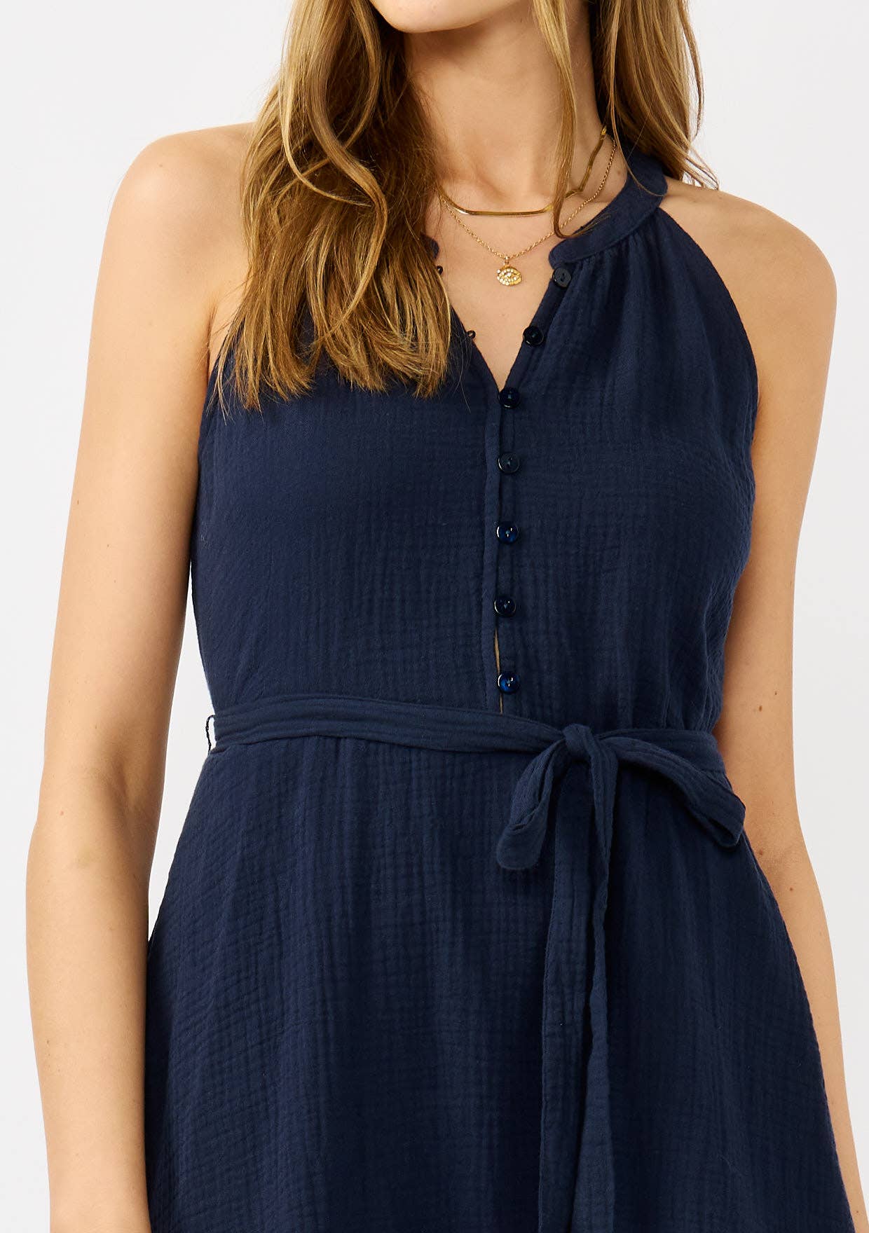 Midnight Sleeveless Button-Front Mini Dress with Waist Tie for wholesale on Faire3