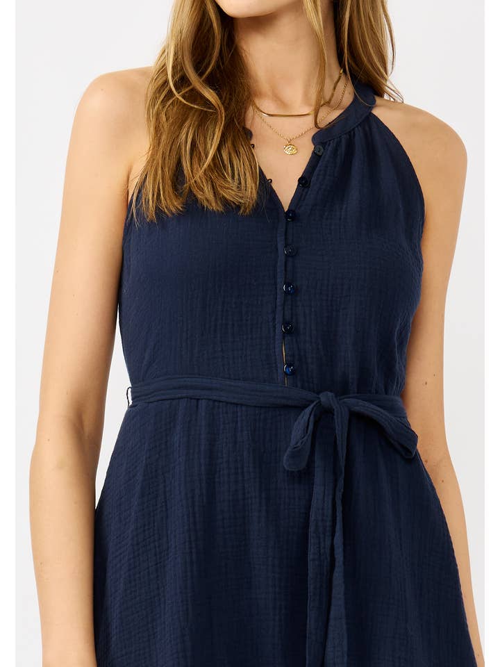 Midnight Sleeveless Button-Front Mini Dress with Waist Tie for wholesale on Faire3