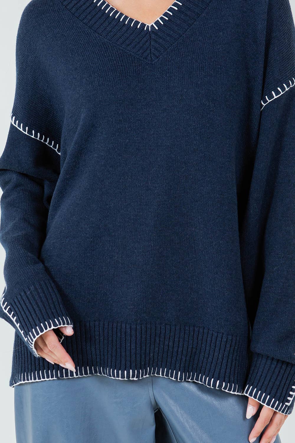 CONTRAST BLANKET STITCH DETAILED SWEATER - NAVY for wholesale on Faire4