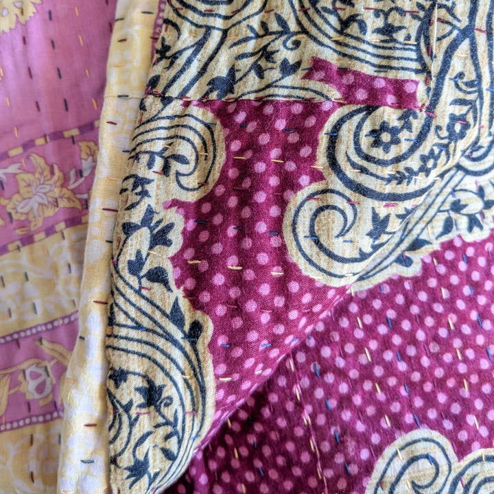 Mini kantha quilt in shades of pink, burgundy & beige, handwoven in Bangladesh for wholesale by Shakti.ism