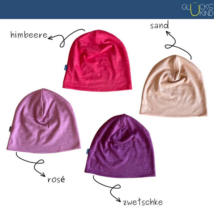 Glückskind - Vendita all'ingrosso Berretto - Bambini - Cuffia in tinta unita color lampone, lana merino e seta (organica/GOTS)