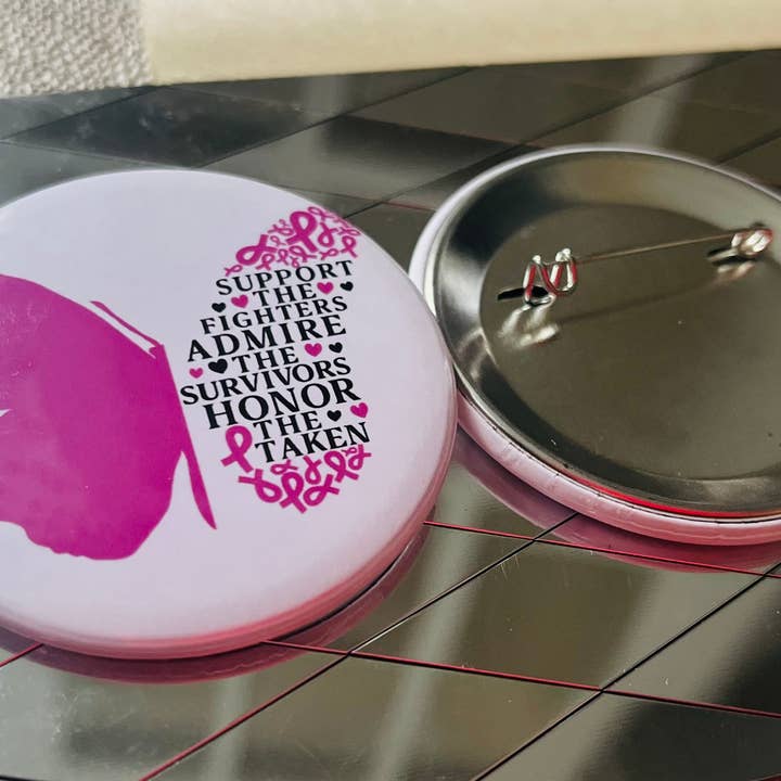SUPPORT THE FIGHTER BUTTERFLY - BREAST CANCER AWARENESS 2.25" PINBACK BUTTON for wholesale by Stuck On Joy