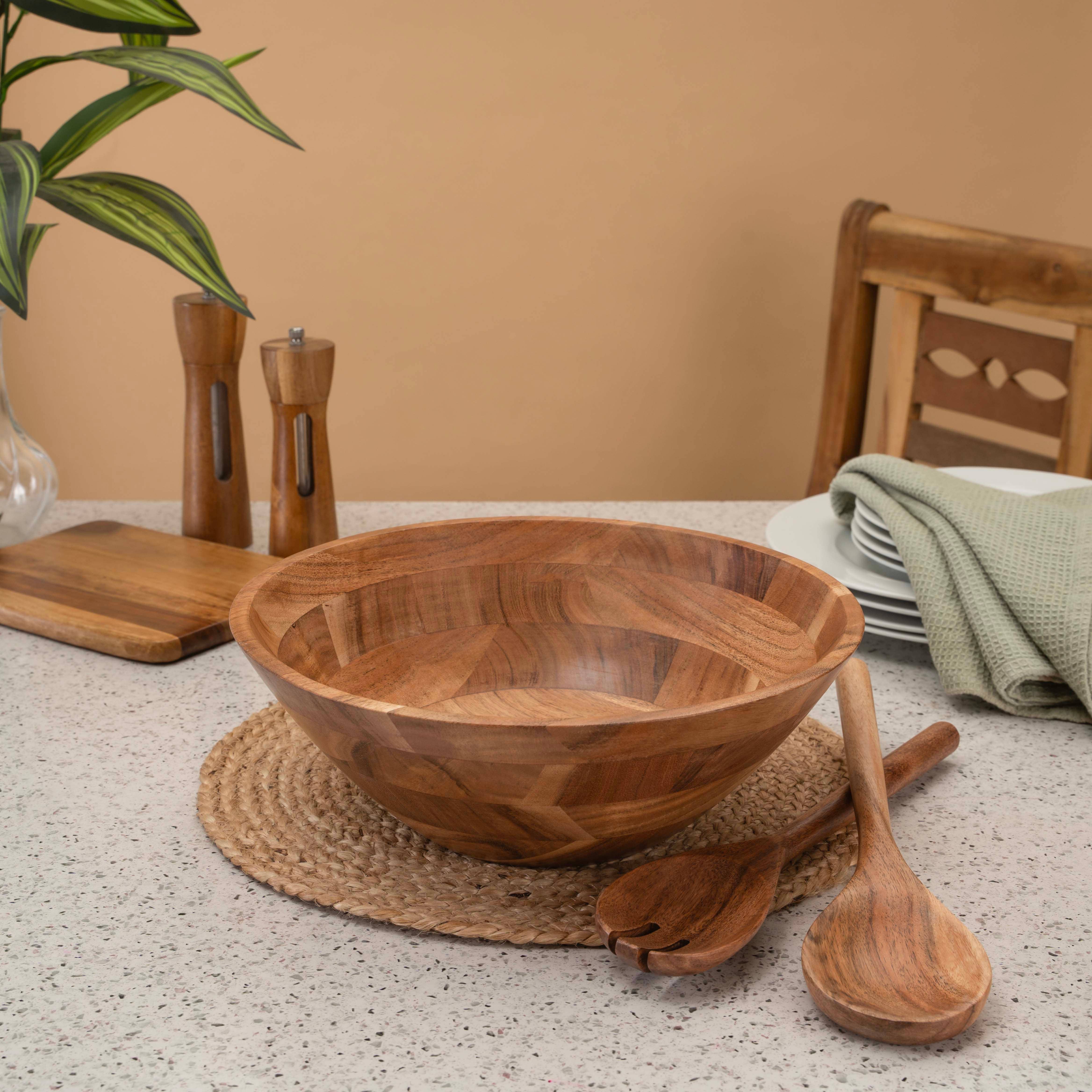 LuxeDesigns Co LLC - Wholesale Serve Bowl - Large Wooden Salad Bowl, 12" Acacia Wood Bowl with Servers8