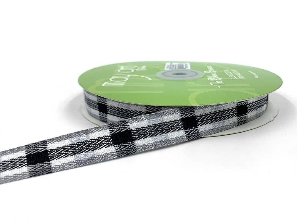May Arts Ribbon - Wholesale Ribbon - Gift Wrapping - ~5/8" White, Black, Gray Woven Tartan Plaid Twill Ribbon0