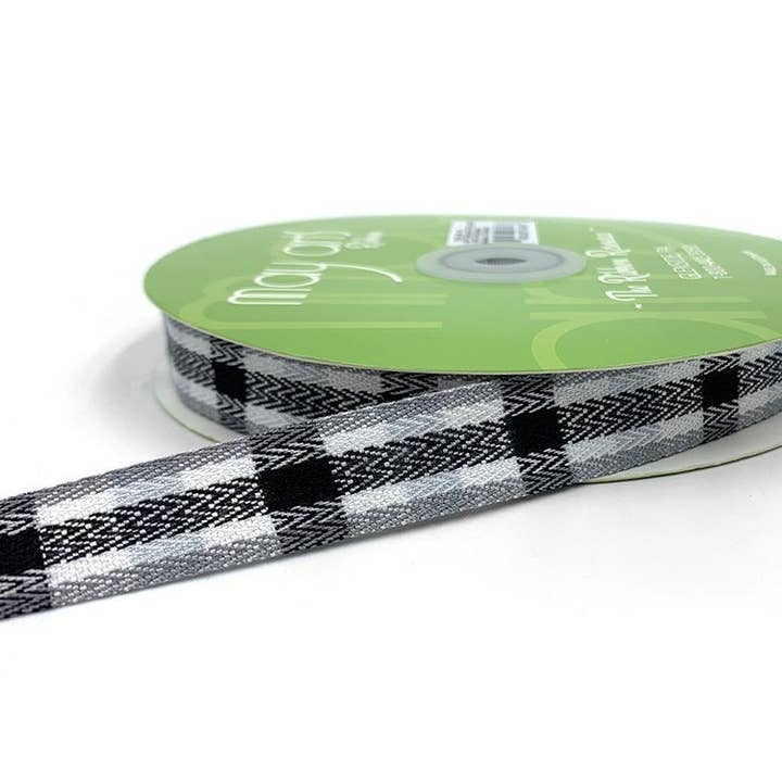 May Arts Ribbon - Wholesale Ribbon - Gift Wrapping - ~5/8" White, Black, Gray Woven Tartan Plaid Twill Ribbon
