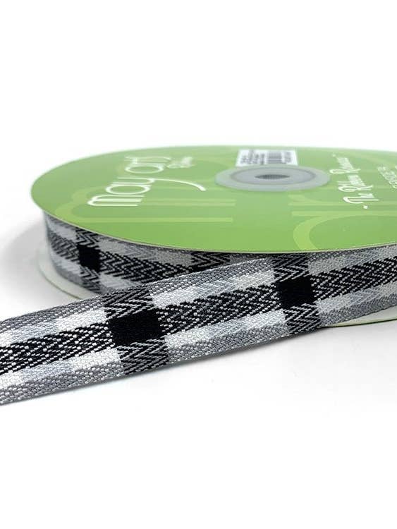 ~5/8" White, Black, Gray Woven Tartan Plaid Twill Ribbon for wholesale by May Arts Ribbon