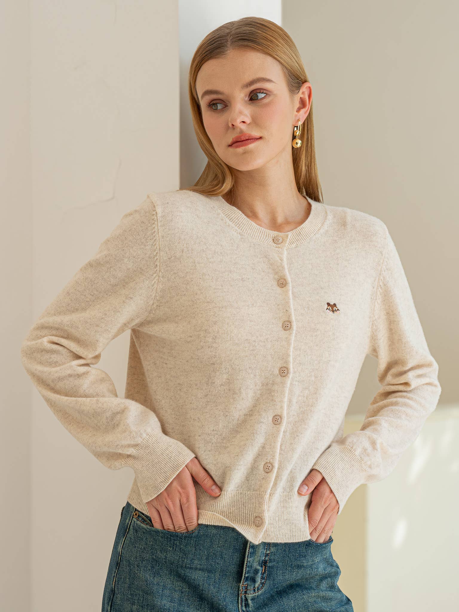 ROSIE POSIE - Vente Cardigan – femme - RP2175 - Cardigan Beige 100% Laine avec Motif Écureuil6
